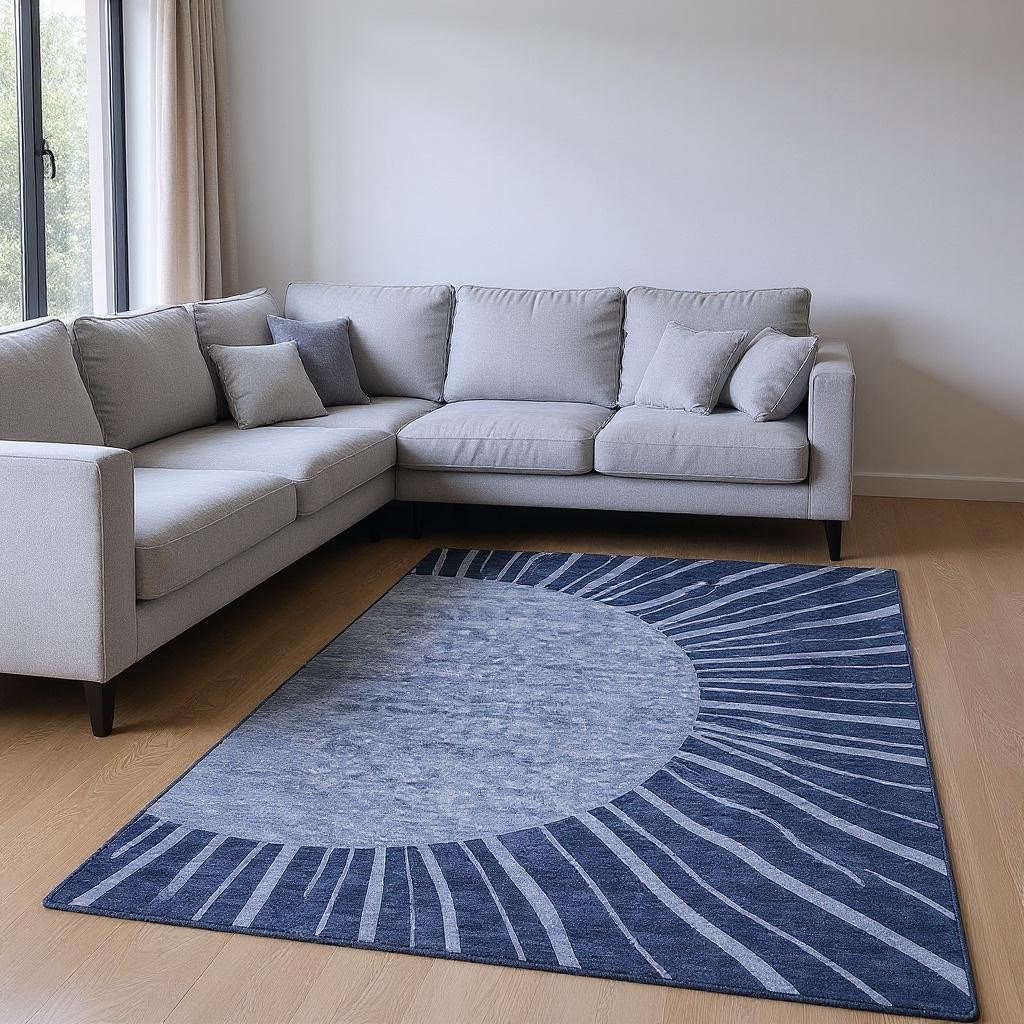 655397 10 x 14 ft. Navy Blue & Ivory Abstract Transitional Washable Machine Made Rectangle Area Rug with UV Protection