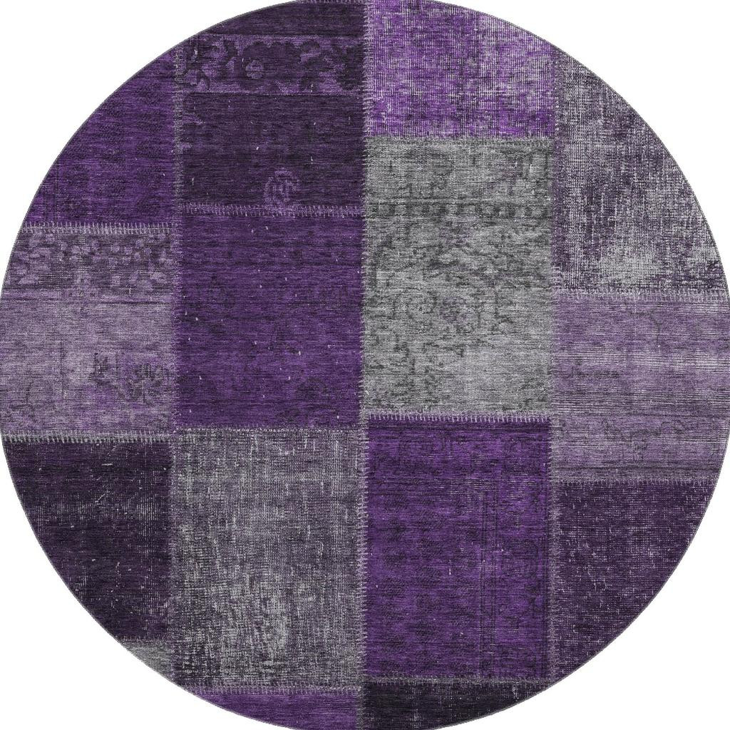 655165 8 ft. Eggplant Gray & Purple Patchwork Washable Round Area Rug with UV Protection