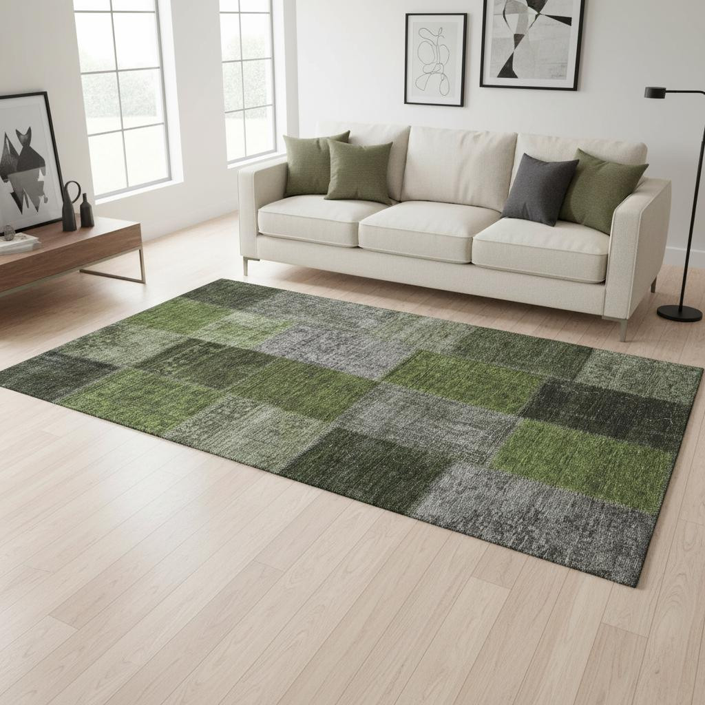 655194 5 x 8 ft. Olive Green & Gray Patchwork Transitional Washable Machine Made Rectangle Area Rug with UV Protection