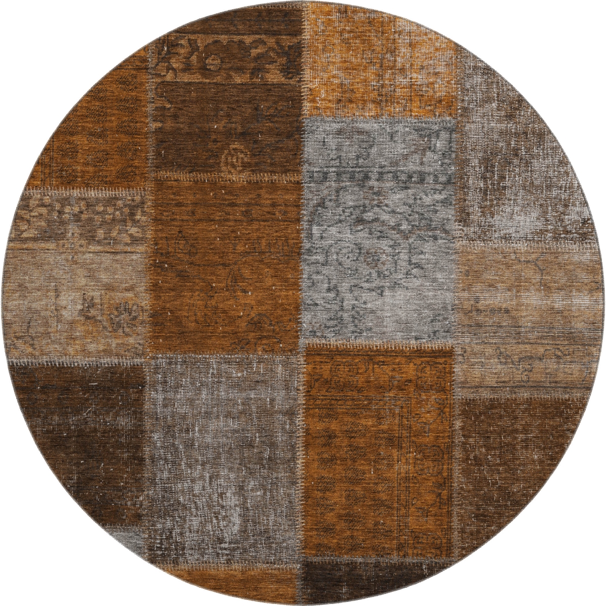 655201 8 ft. Rust Brown & Gray Patchwork Washable Round Area Rug with UV Protection