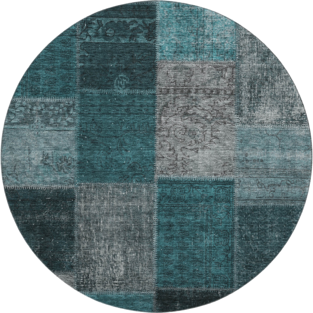 655207 8 ft. Teal & Gray Patchwork Washable Round Area Rug with UV Protection