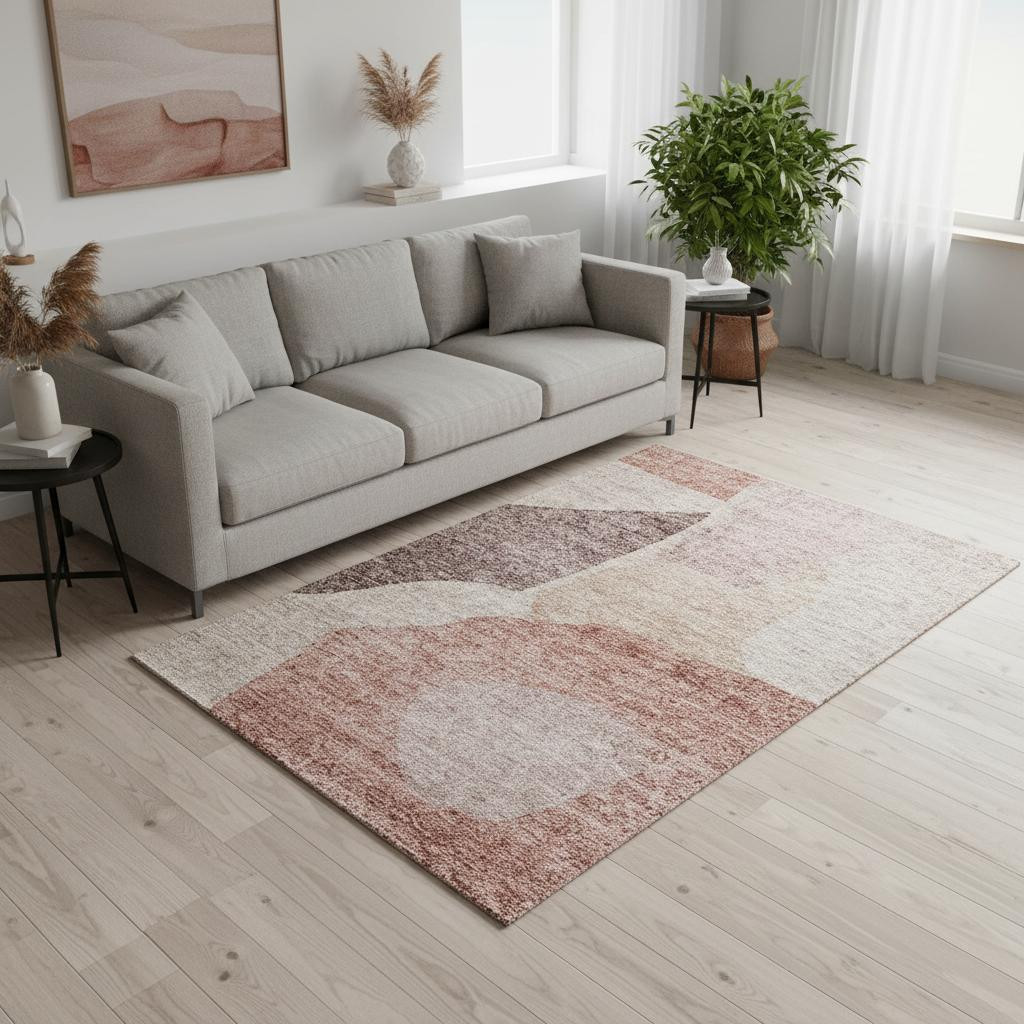 655254 5 x 8 ft. Blush & Plum Abstract Washable Machine Made Rectangle Area Rug with UV Protection