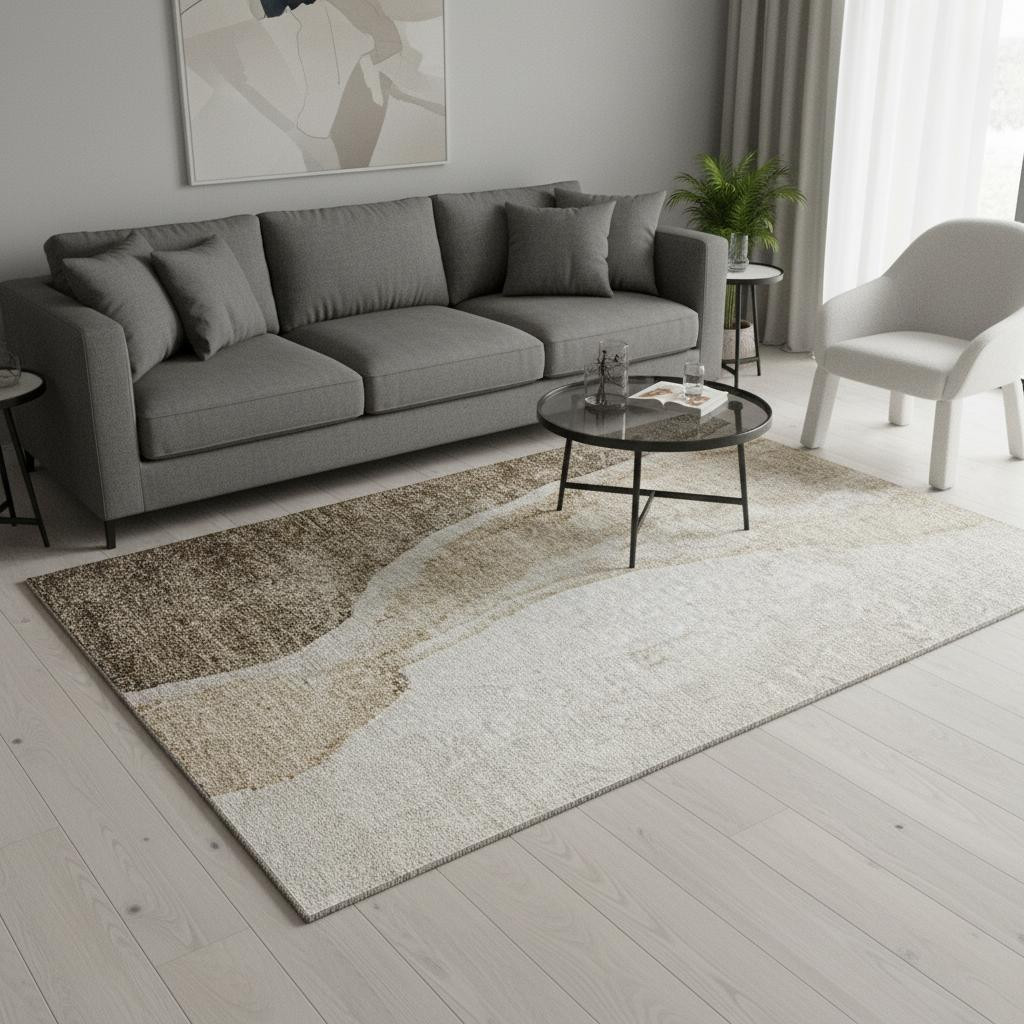 655302 5 x 8 ft. Brown & Ivory Abstract Transitional Washable Machine Made Rectangle Area Rug with UV Protection