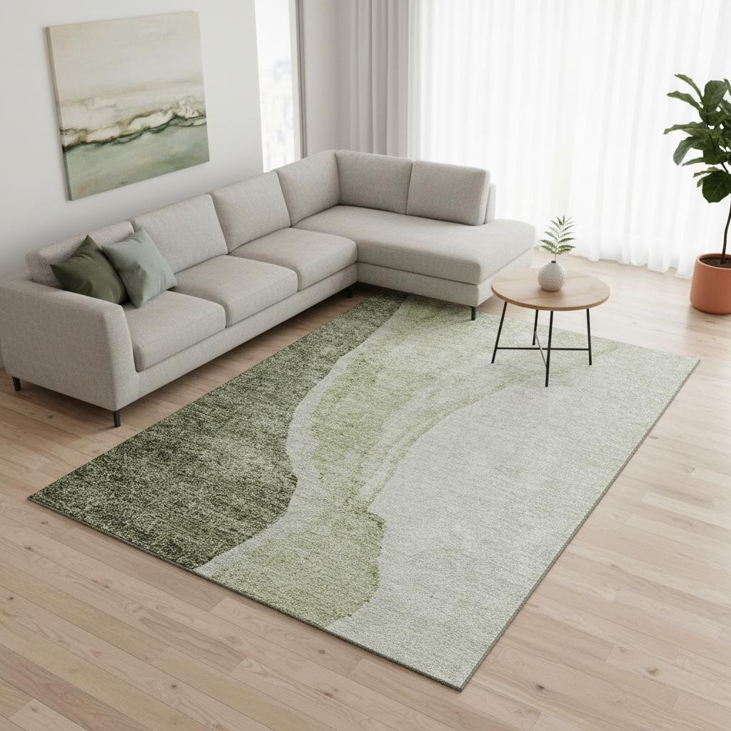 655330 9 x 12 ft. Olive Green & Ivory Abstract Transitional Washable Machine Made Rectangle Area Rug with UV Protection