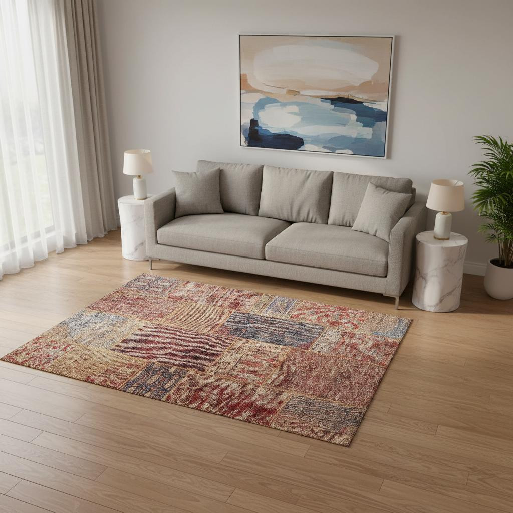 655459 5 x 8 ft. Red Blue & Gold Patchwork Washable Machine Made Rectangle Area Rug with UV Protection