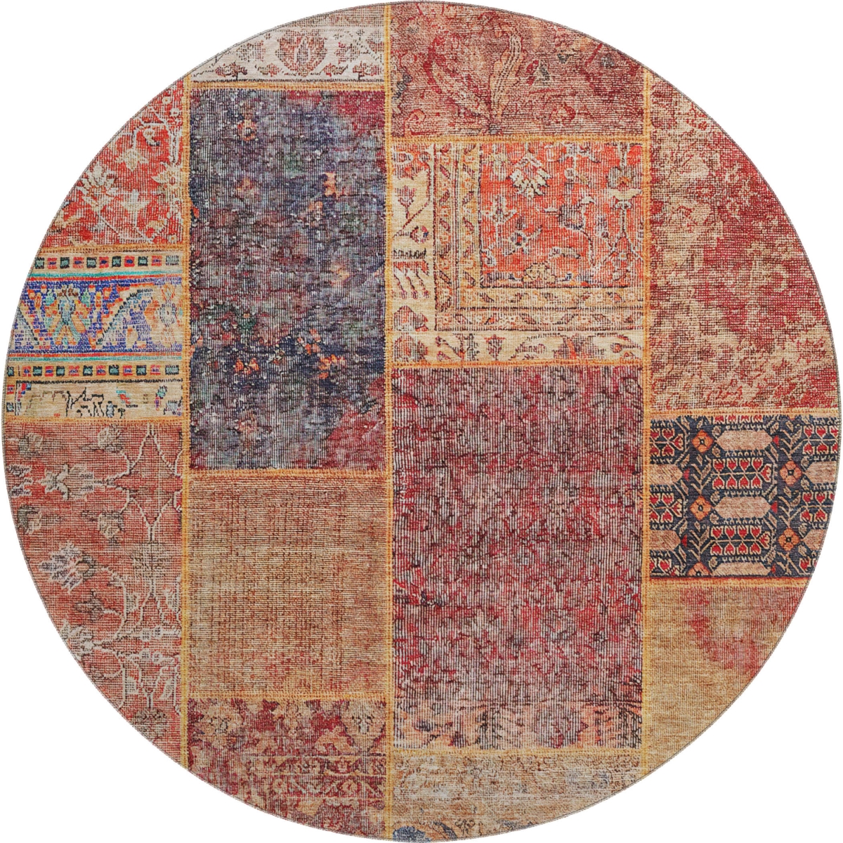 655460 8 ft. Red Blue & Gold Patchwork Washable Round Area Rug with UV Protection