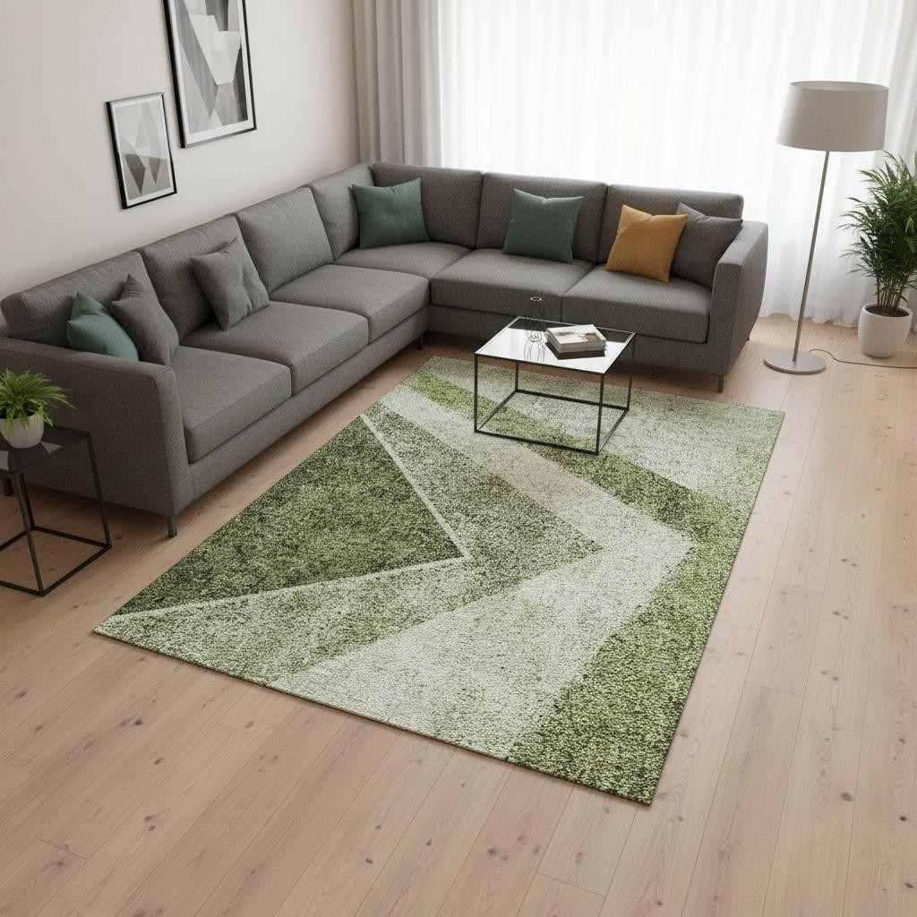 655573 10 x 14 ft. Olive Green, Gray & Silver Geometric Transitional Washable Machine Made Rectangle Area Rug with UV Protection