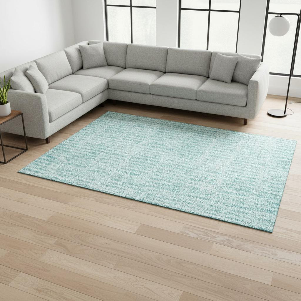 655696 8 x 10 ft. Teal & Ivory Striped Transitional Washable Machine Made Rectangle Area Rug with UV Protection