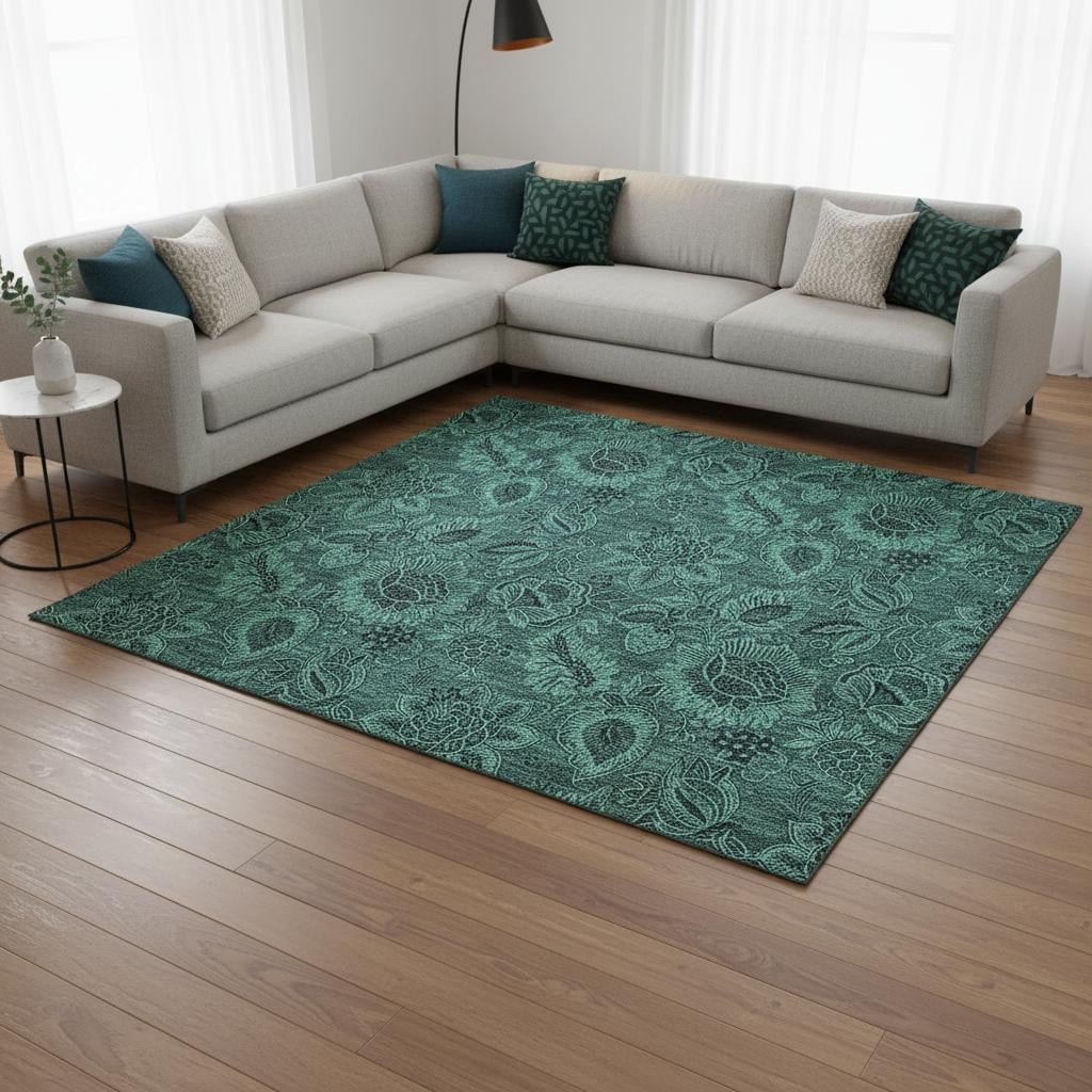 655094 8 x 10 ft. Teal & Charcoal Floral Washable Machine Made Rectangle Area Rug with UV Protection