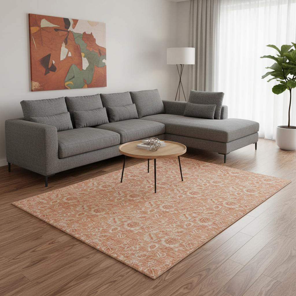 655148 8 x 10 ft. Salmon & Ivory Floral Transitional Washable Machine Made Rectangle Area Rug with UV Protection