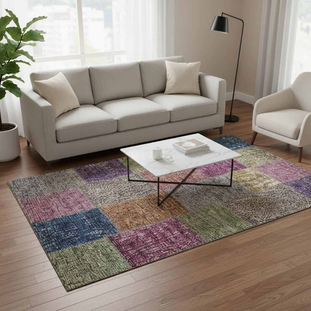 655158 5 x 8 ft. Copper Blue & Purple Patchwork Washable Machine Made Rectangle Area Rug with UV Protection