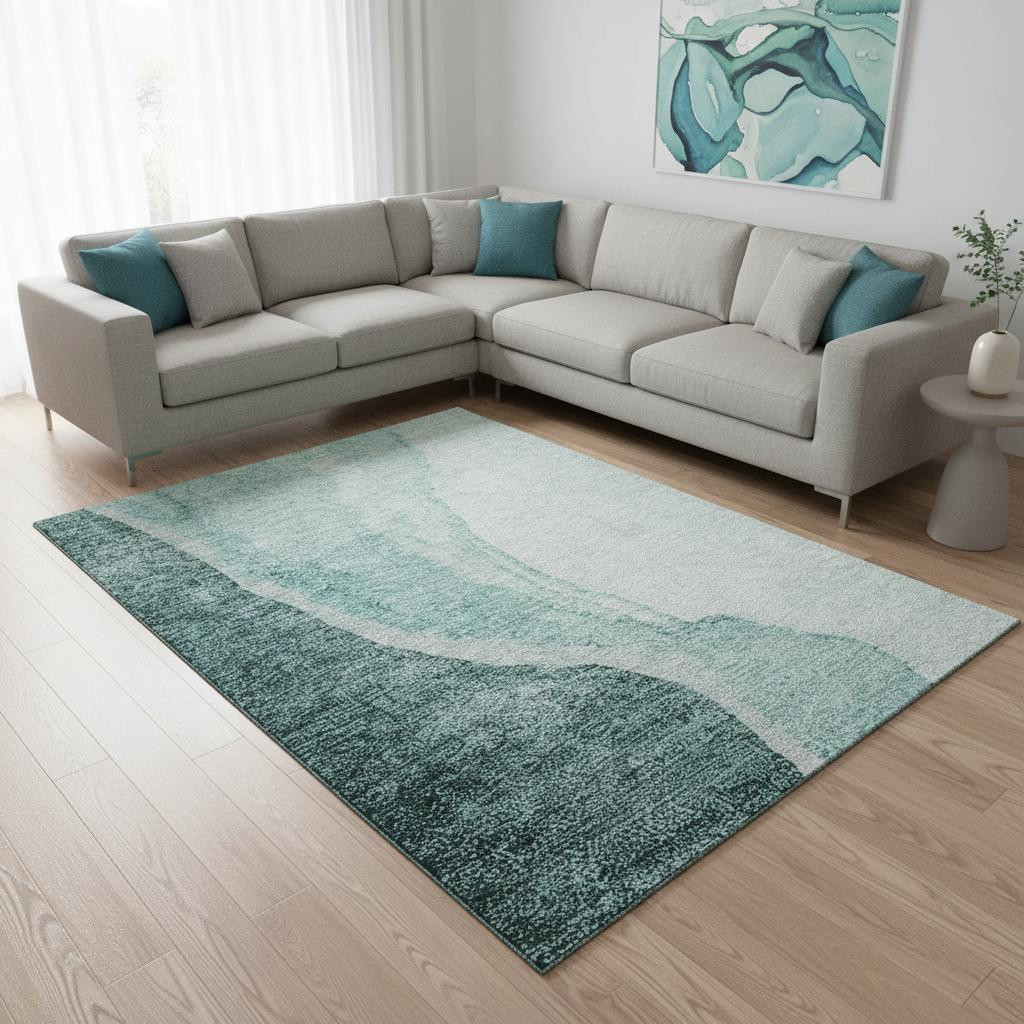 655336 9 x 12 ft. Teal & Ivory Abstract Transitional Washable Machine Made Rectangle Area Rug with UV Protection