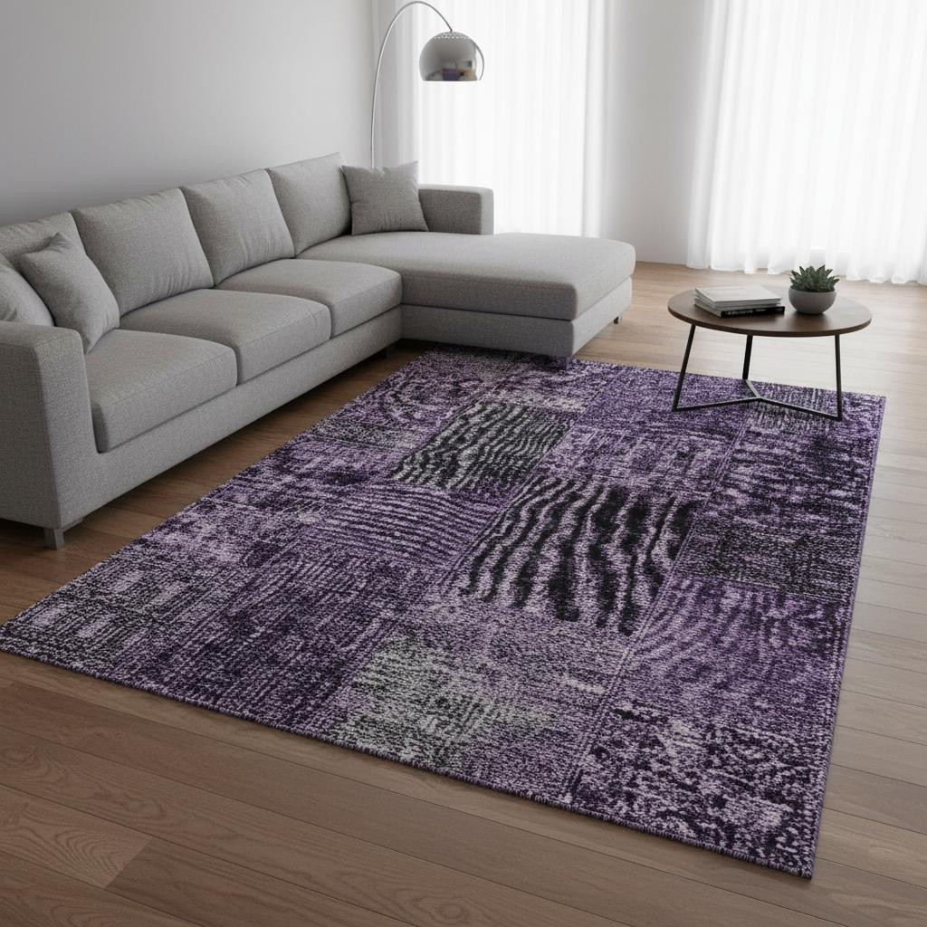 655431 8 x 10 ft. Eggplant & Gray Patchwork Washable Machine Made Rectangle Area Rug with UV Protection