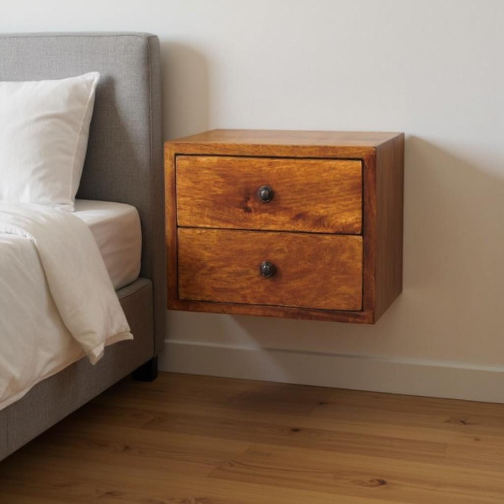 653842 12 in. Solid Wood Two Drawer Floating Nightstand - Chestnut