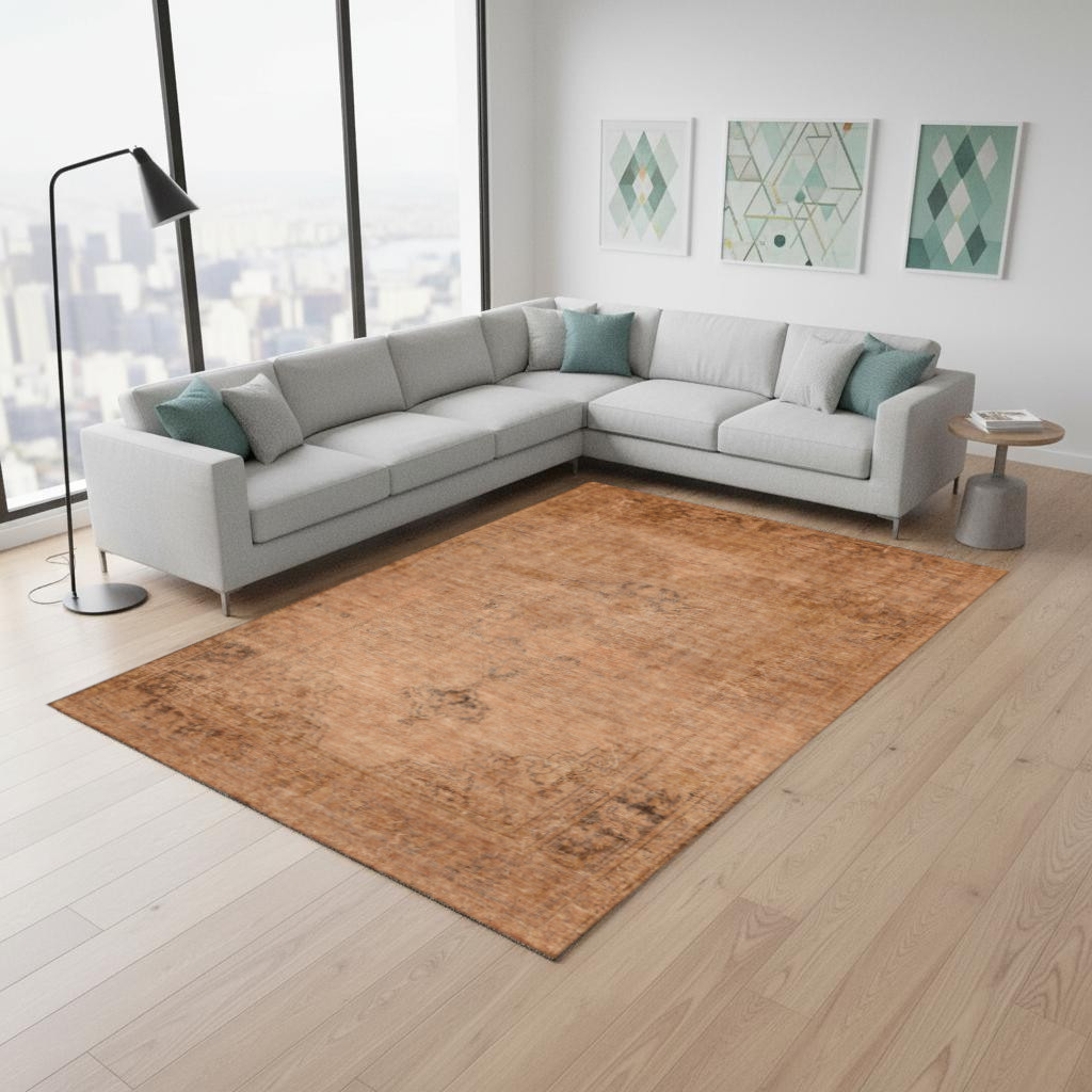 654880 10 x 14 ft. Copper & Brown Oriental Washable Machine Made Rectangle Area Rug with UV Protection