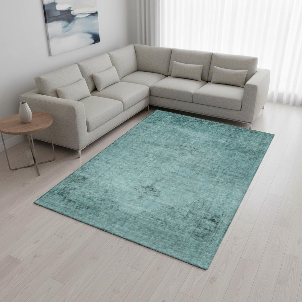 654908 8 x 10 ft. Teal & Ivory Oriental Washable Machine Made Rectangle Area Rug with UV Protection