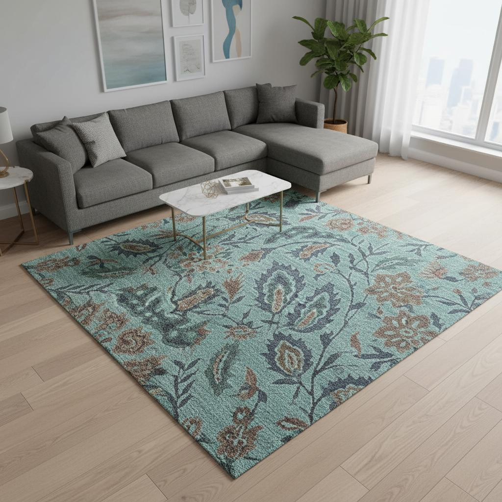 655022 8 x 10 ft. Teal & Brown Floral Washable Machine Made Rectangle Area Rug with UV Protection