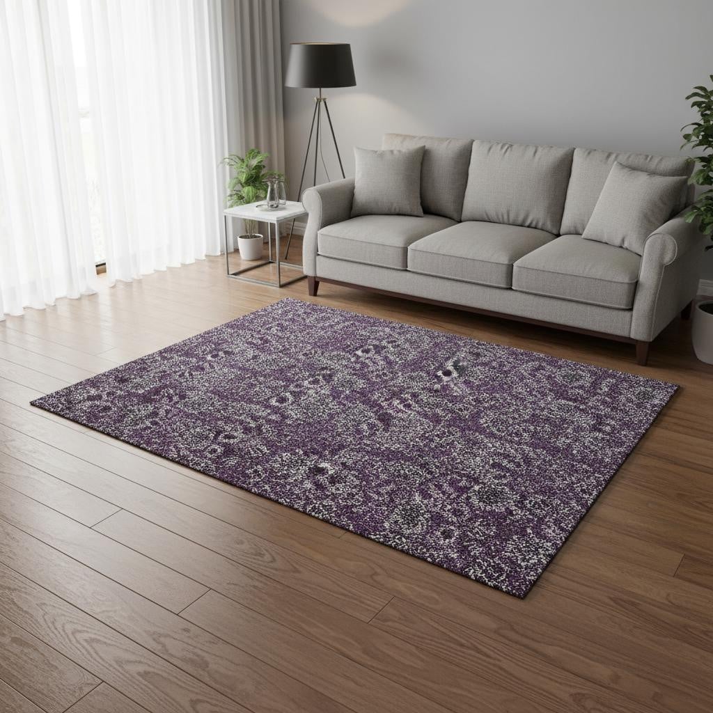 655050 5 x 8 ft. Eggplant & Gray Floral Transitional Washable Machine Made Rectangle Area Rug with UV Protection