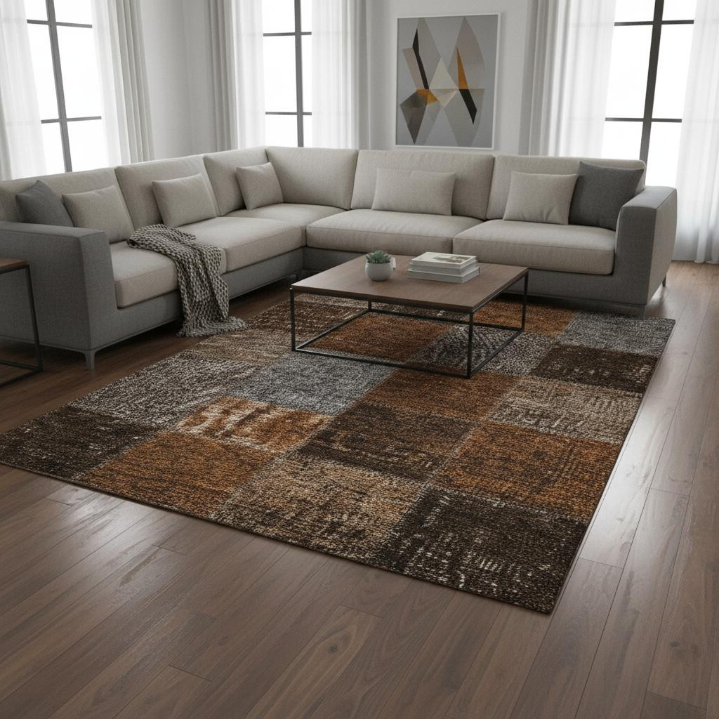 655204 10 x 14 ft. Rust Brown & Gray Patchwork Washable Machine Made Rectangle Area Rug with UV Protection