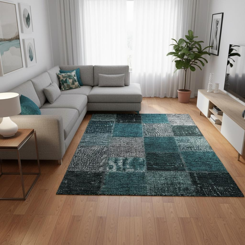 655209 9 x 12 ft. Teal & Gray Patchwork Washable Machine Made Rectangle Area Rug with UV Protection