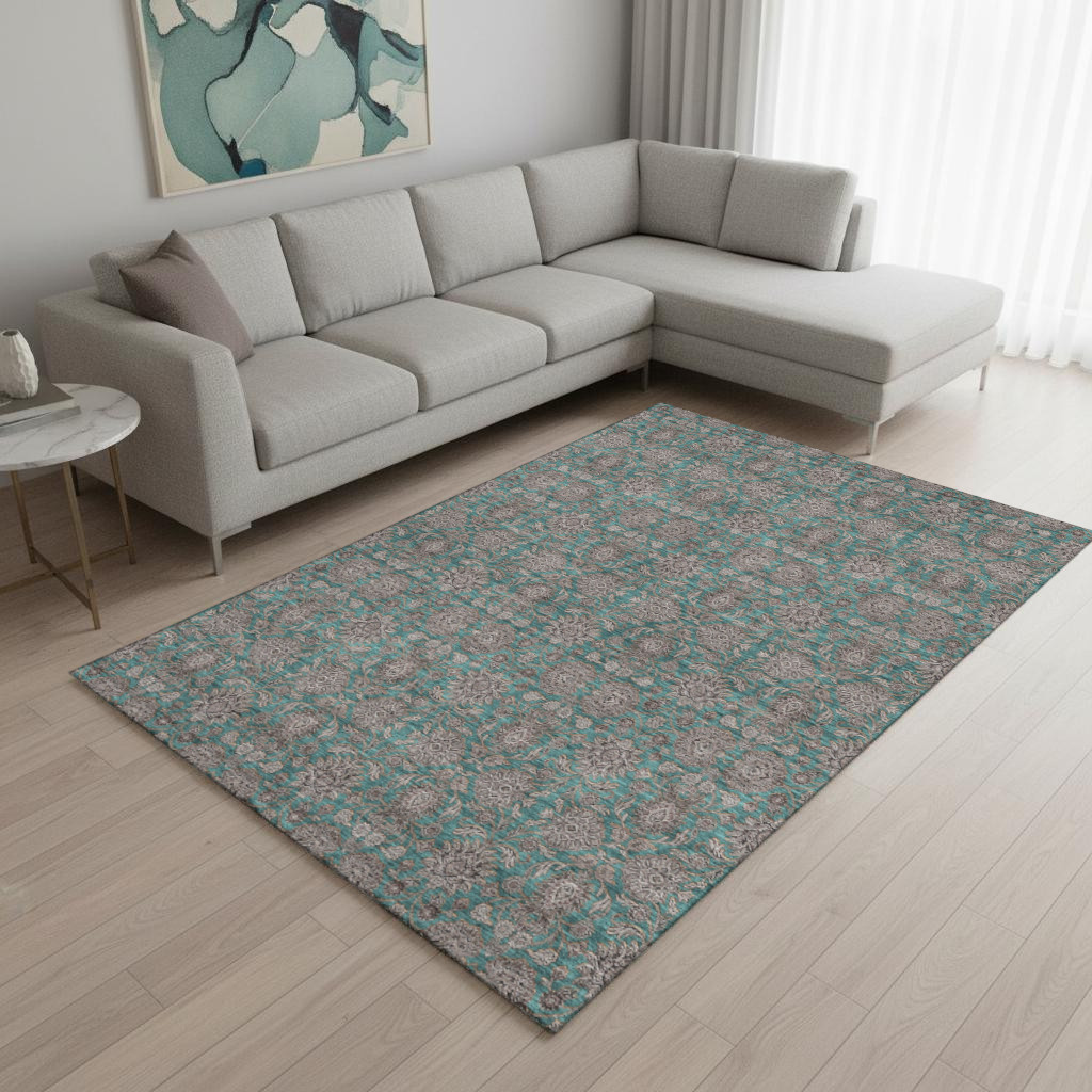 656860 9 x 12 ft. Teal & Beige Floral Transitional Washable Machine Made Rectangle Area Rug with UV Protection