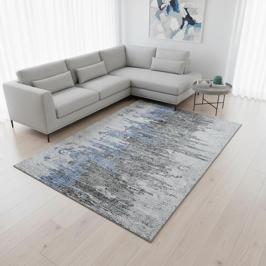 656933 10 x 14 ft. Blue, Gray & Ivory Abstract Transitional Washable Machine Made Rectangle Area Rug with UV Protection