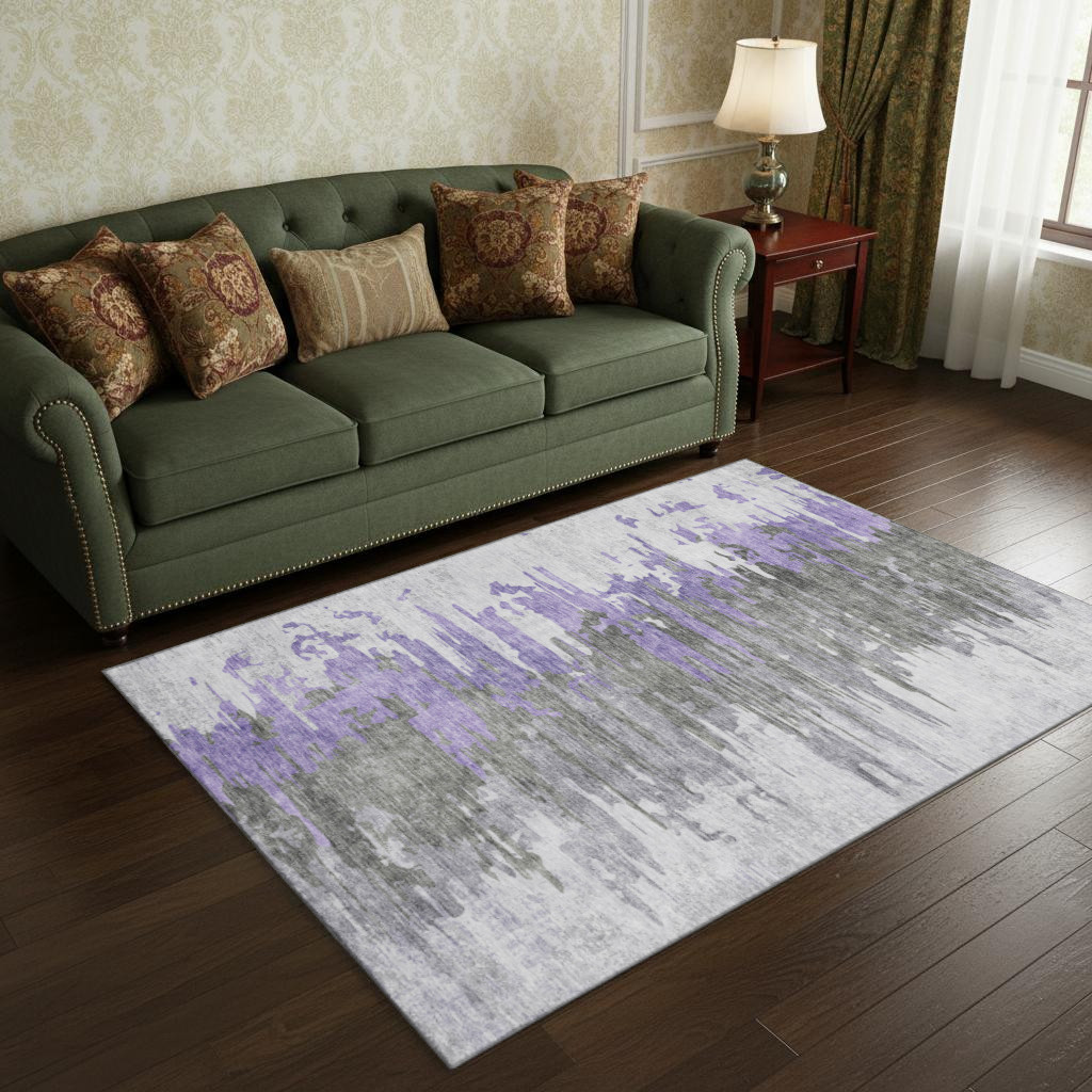 656947 5 x 8 ft. Purple, Gray & Ivory Abstract Transitional Washable Machine Made Rectangle Area Rug with UV Protection
