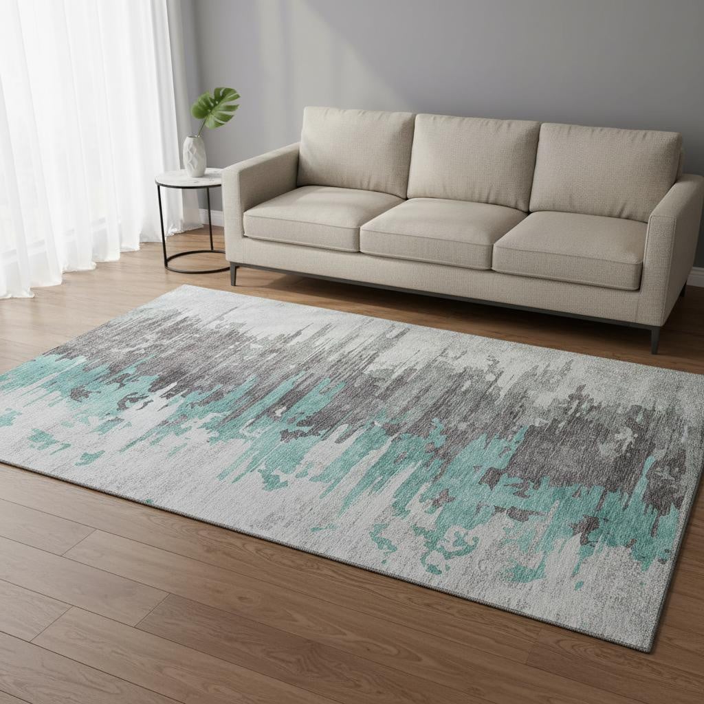 656959 5 x 8 ft. Teal, Gray & Ivory Abstract Transitional Washable Machine Made Rectangle Area Rug with UV Protection