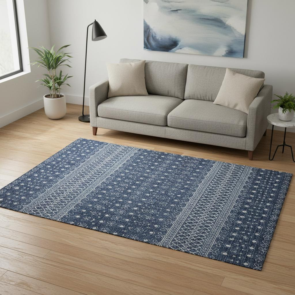 657121 5 x 8 ft. Navy Blue & Ivory Tribal Transitional Washable Machine Made Rectangle Area Rug with UV Protection