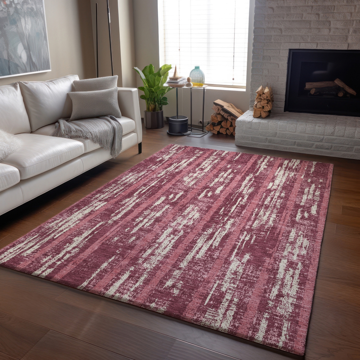 670870 5 x 8 ft. Blush & Ivory Striped Transitional Washable Machine Made Rectangle Area Rug with UV Protection