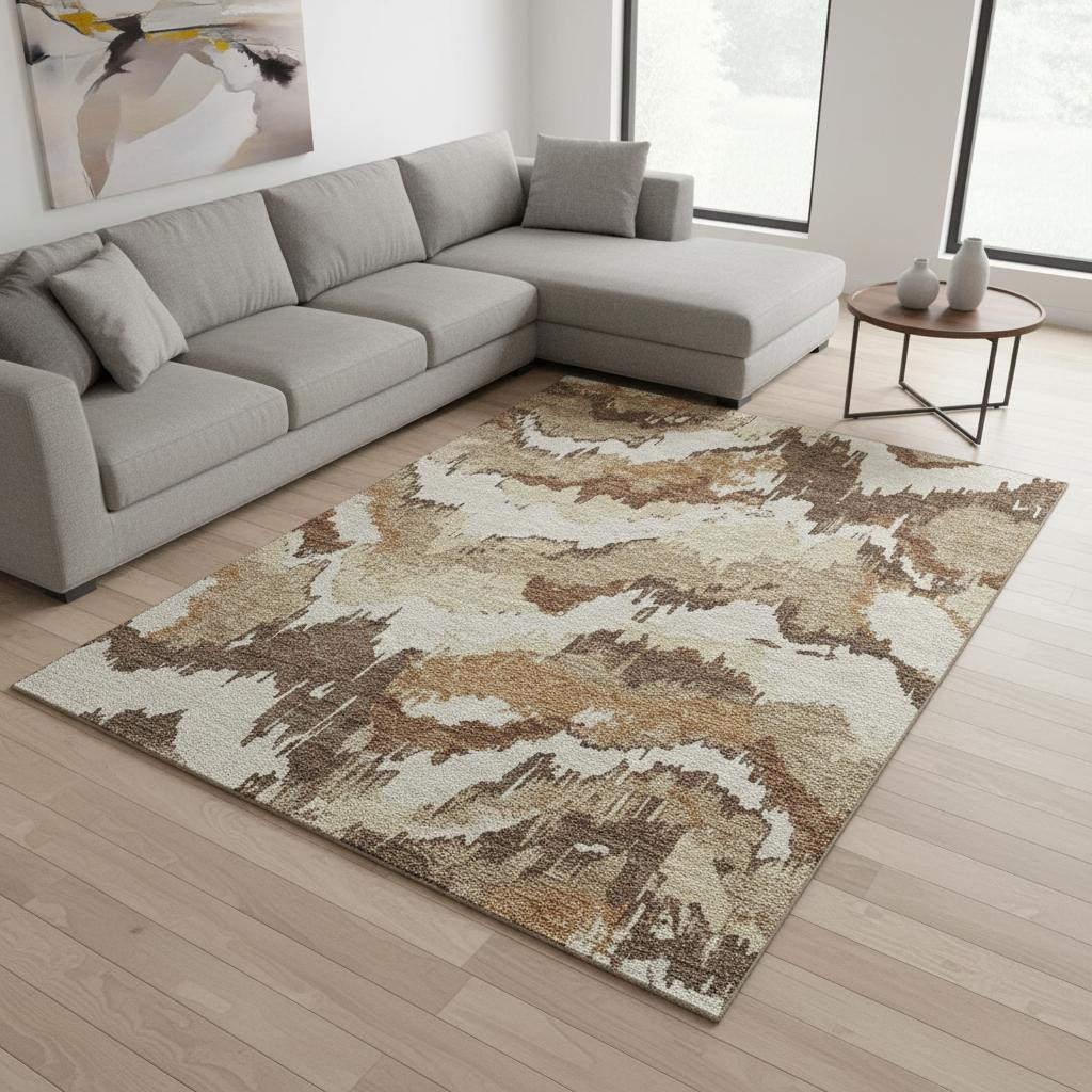 668643 8 x 10 ft. Chocolate Ivory & Beige Abstract Washable Machine Made Rectangle Area Rug with UV Protection