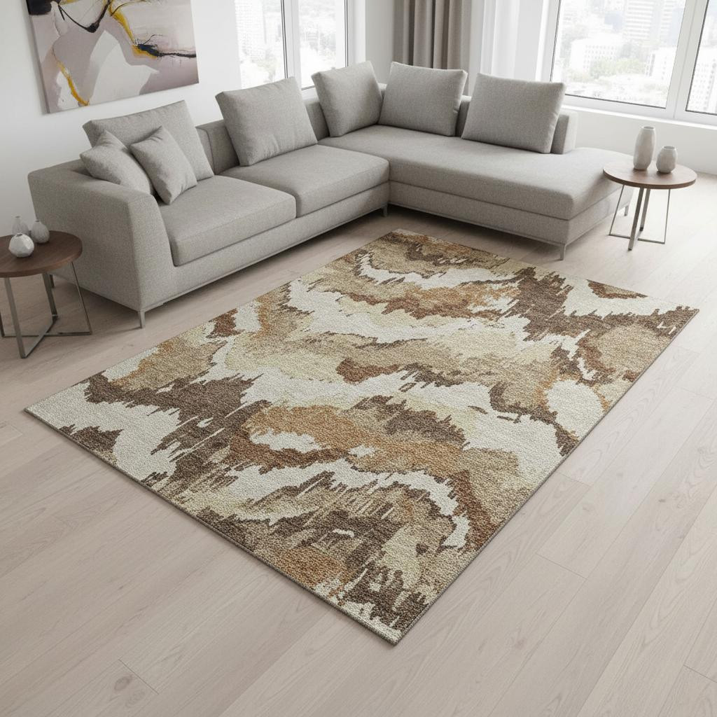 668645 10 x 14 ft. Chocolate Ivory & Beige Abstract Washable Machine Made Rectangle Area Rug with UV Protection