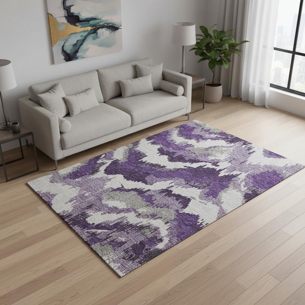 668683 5 x 8 ft. Purple, Ivory & Gray Abstract Transitional Washable Machine Made Rectangle Area Rug with UV Protection