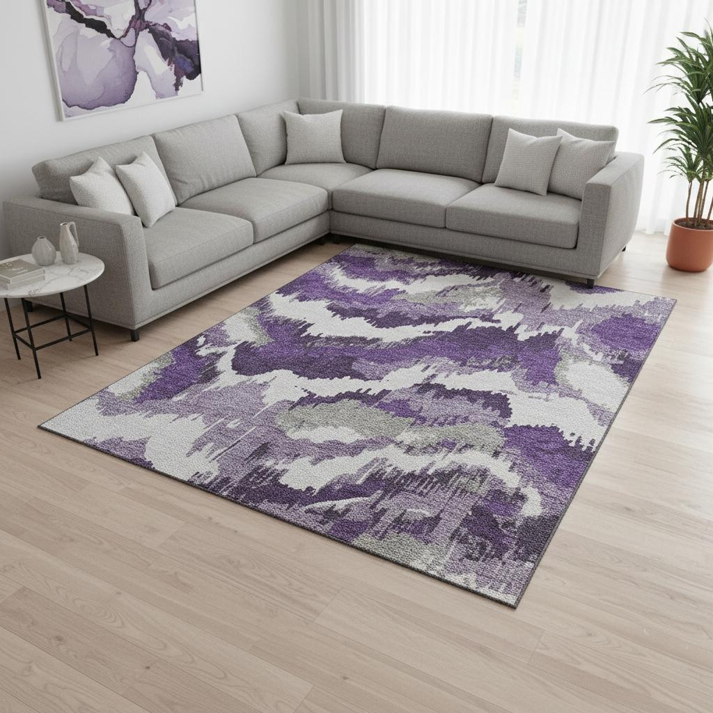 668686 9 x 12 ft. Purple, Ivory & Gray Abstract Transitional Washable Machine Made Rectangle Area Rug with UV Protection