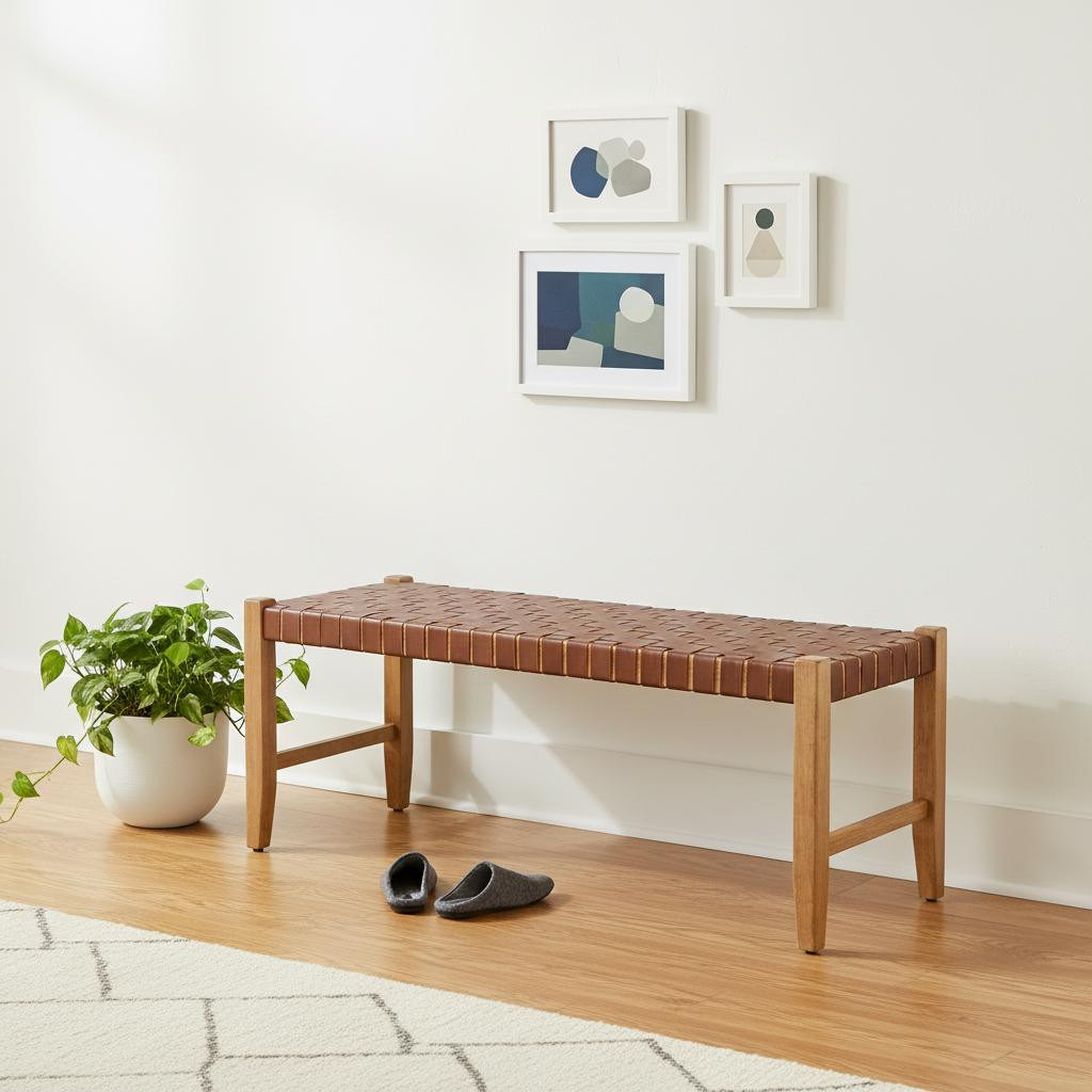 668865 48 in. Brown Faux Leather & Solid Wood Upholstered Bench
