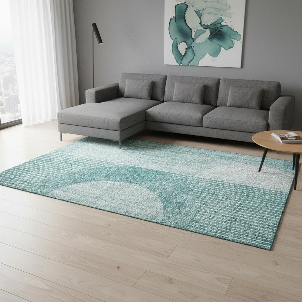 655752 10 x 14 ft. Teal & Ivory Geometric Transitional Washable Machine Made Rectangle Area Rug with UV Protection