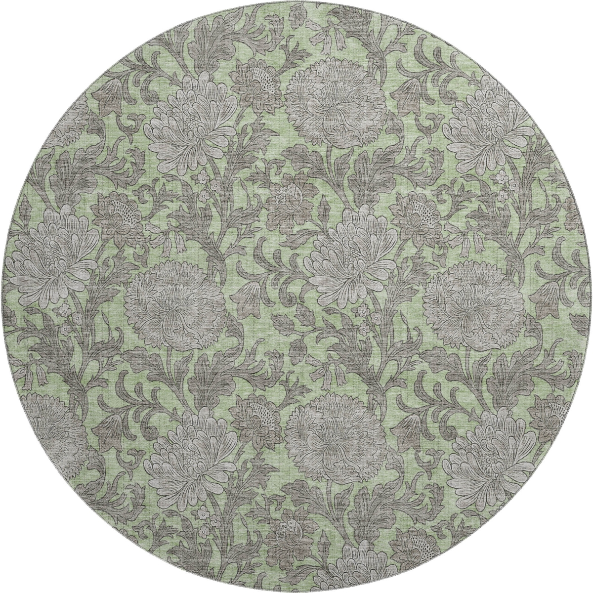 655767 8 ft. Artichoke Green & Gray Floral Transitional Washable Round Area Rug with UV Protection