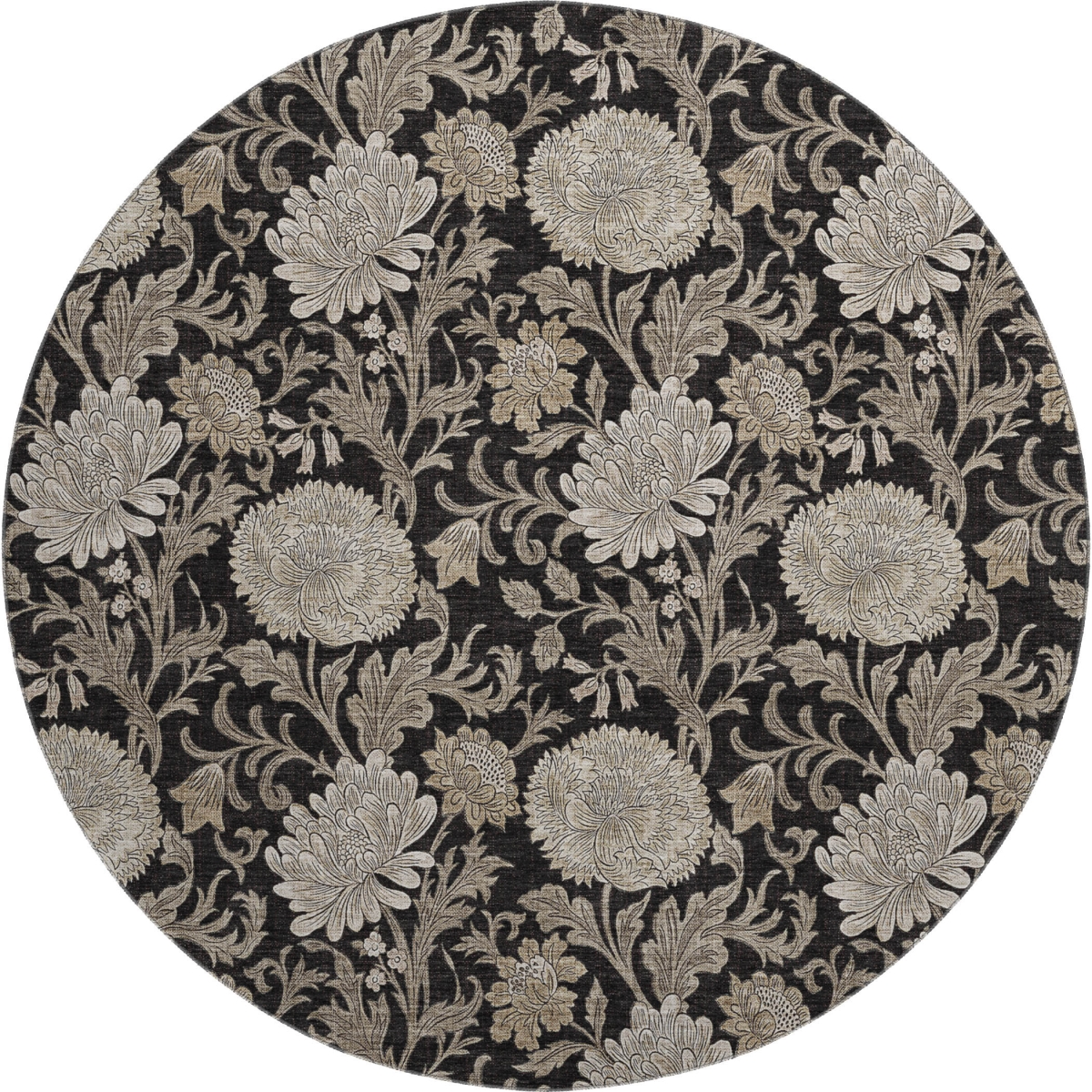 655773 8 ft. Black & Beige Floral Transitional Washable Round Area Rug with UV Protection