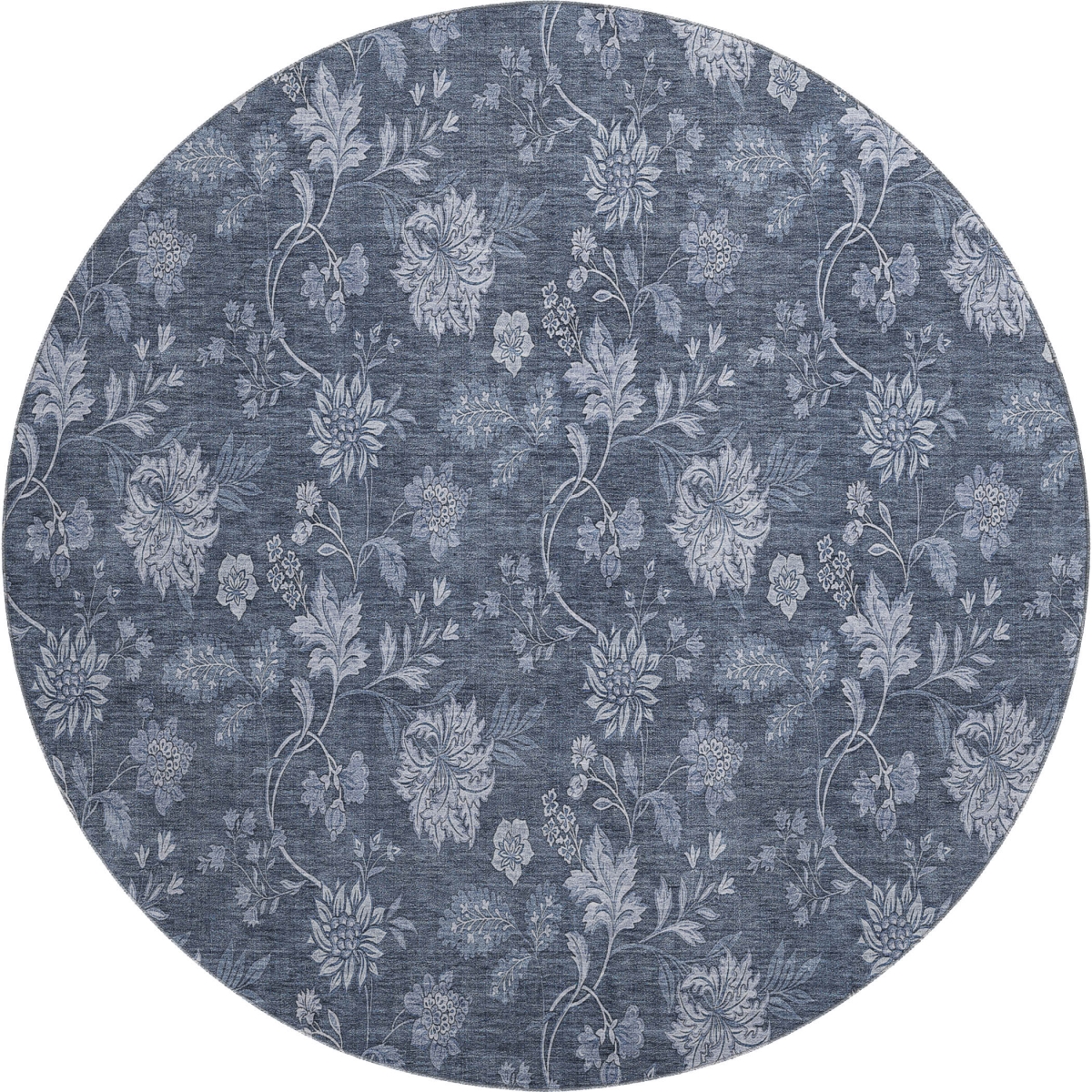 655911 8 ft. Blue & Ivory Floral Transitional Washable Round Area Rug with UV Protection
