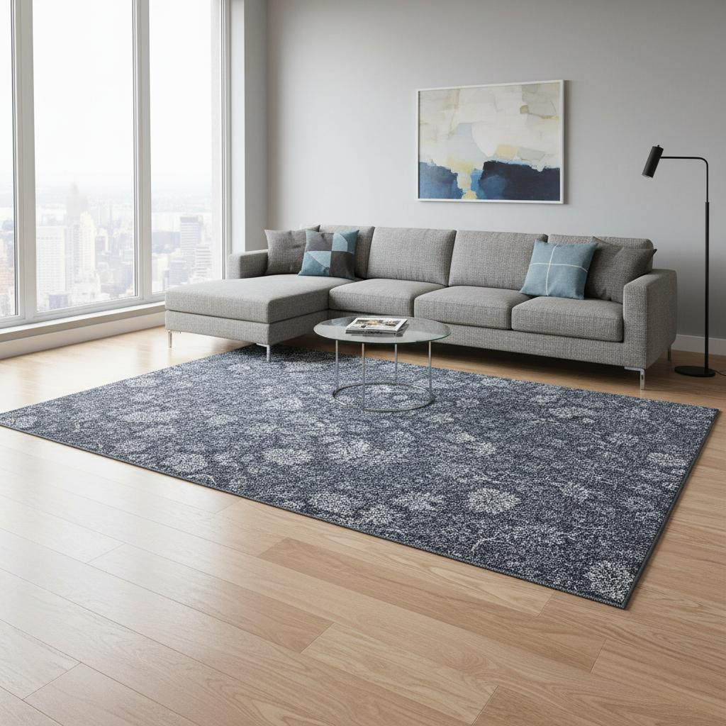 655912 8 x 10 ft. Blue & Ivory Floral Transitional Washable Machine Made Rectangle Area Rug with UV Protection
