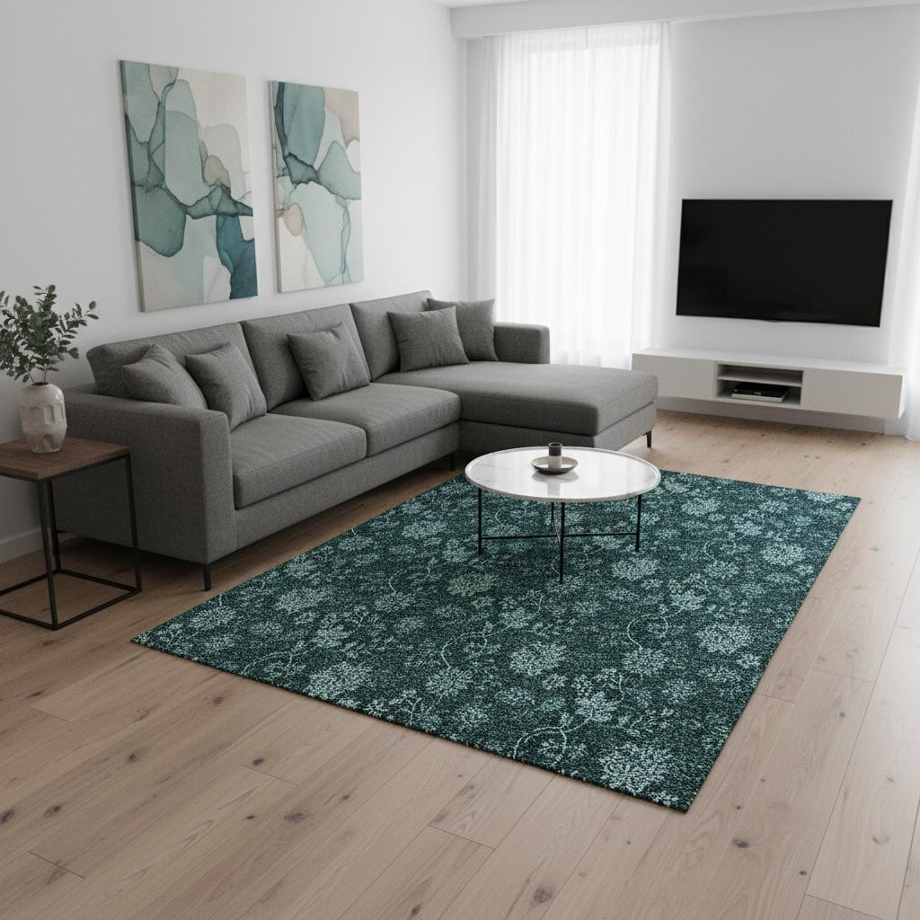 655943 9 x 12 ft. Teal & Ivory Floral Transitional Washable Machine Made Rectangle Area Rug with UV Protection