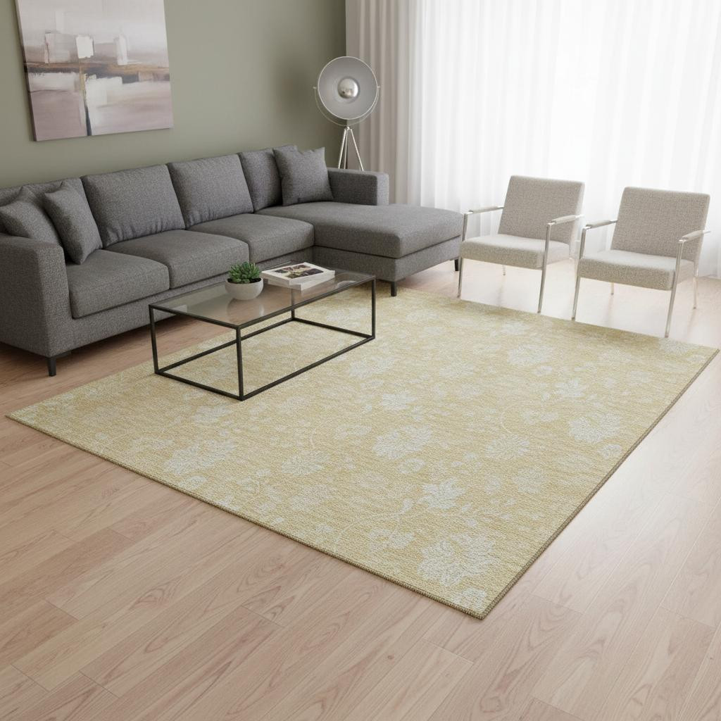 655991 9 x 12 ft. Amber & Ivory Floral Transitional Washable Machine Made Rectangle Area Rug with UV Protection
