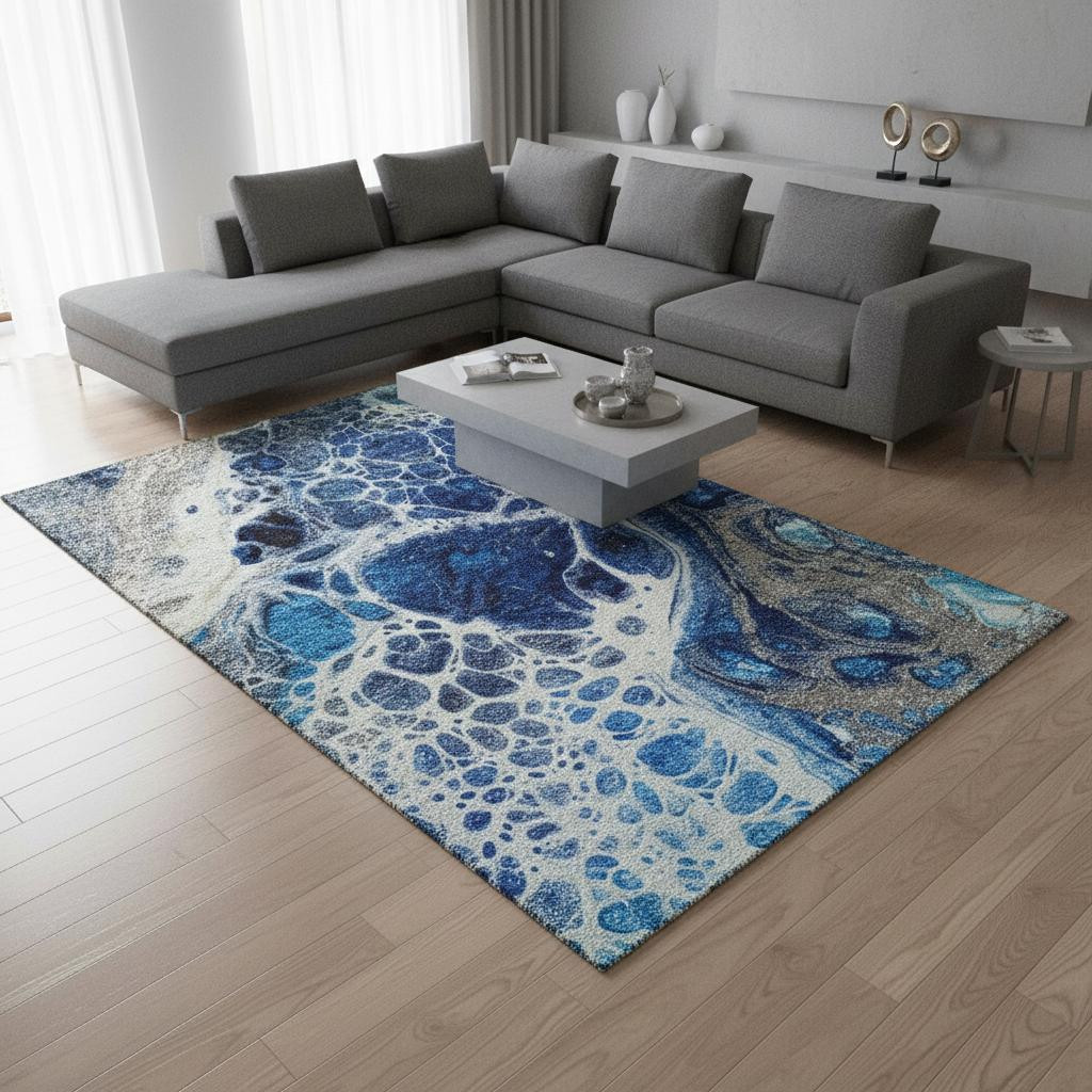 656050 8 x 10 ft. Navy Blue, Ivory & Gray Abstract Washable Machine Made Rectangle Area Rug with UV Protection