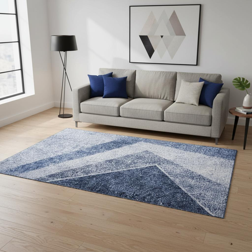 655557 5 x 8 ft. Blue & Ivory Geometric Transitional Washable Machine Made Rectangle Area Rug with UV Protection
