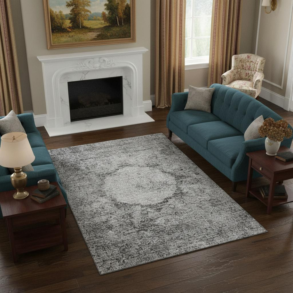 655703 9 x 12 ft. Gray & Silver Oriental Washable Machine Made Rectangle Area Rug with UV Protection