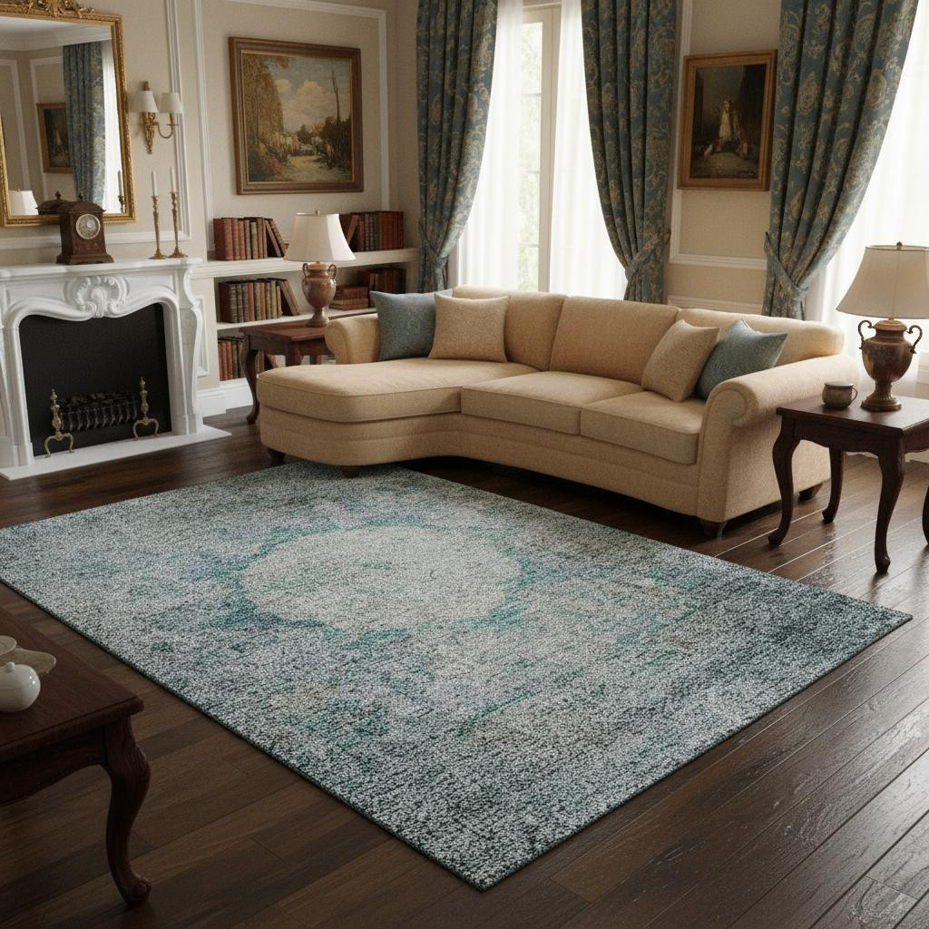 655722 10 x 14 ft. Teal & Gray Oriental Washable Machine Made Rectangle Area Rug with UV Protection