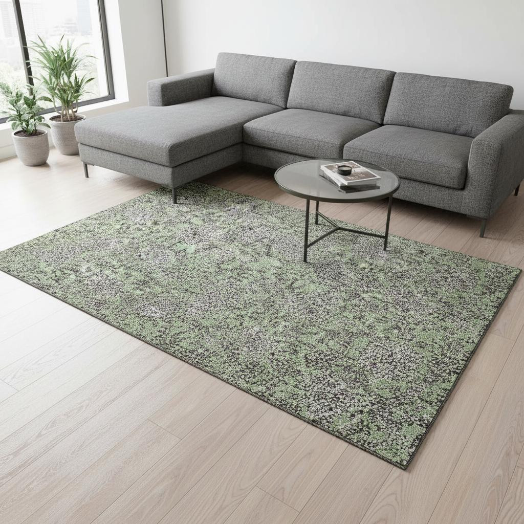 655768 8 x 10 ft. Artichoke Green & Gray Floral Transitional Washable Machine Made Rectangle Area Rug with UV Protection