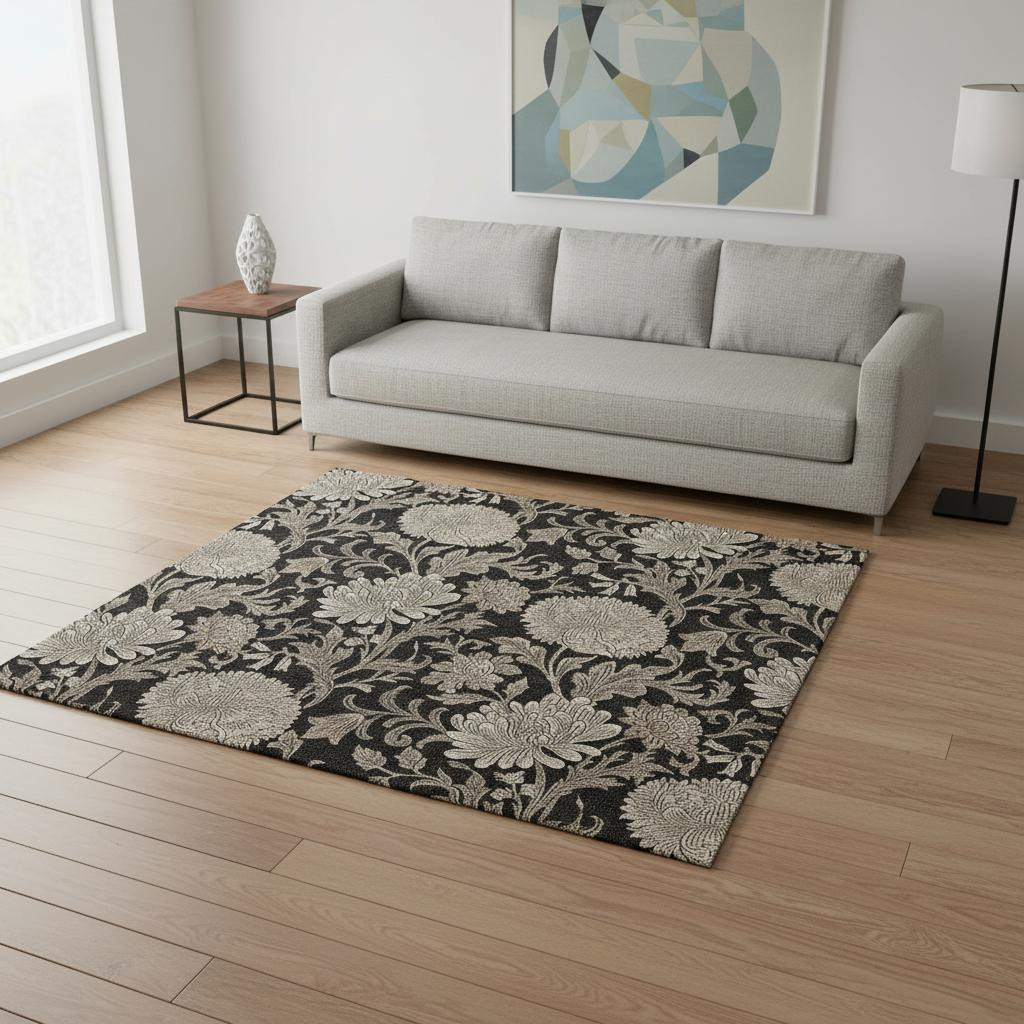 655772 5 x 8 ft. Black & Beige Floral Transitional Washable Machine Made Rectangle Area Rug with UV Protection