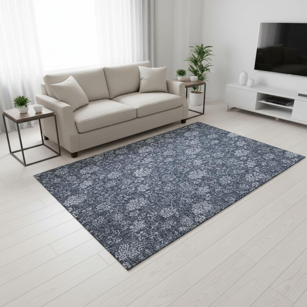 655910 5 x 8 ft. Blue & Ivory Floral Transitional Washable Machine Made Rectangle Area Rug with UV Protection