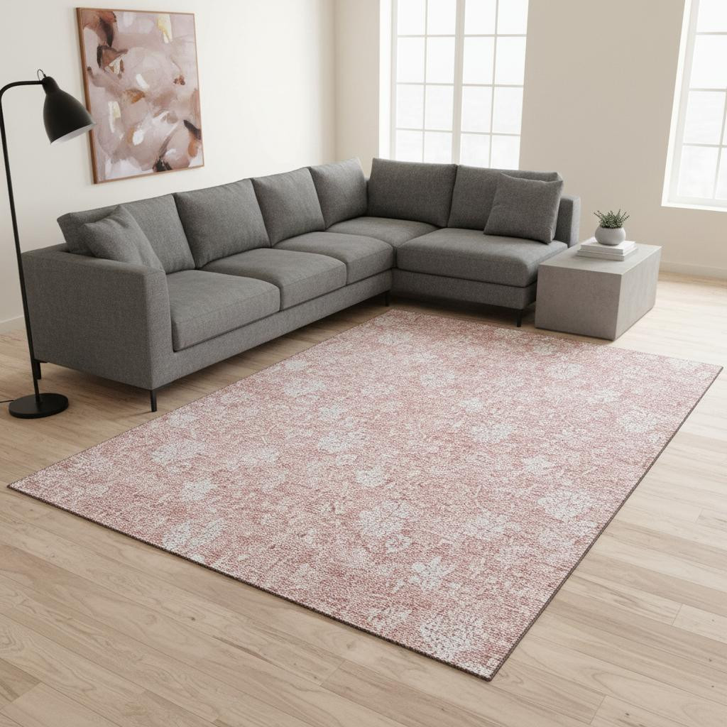 656003 9 x 12 ft. Pink & Ivory Floral Transitional Washable Machine Made Rectangle Area Rug with UV Protection